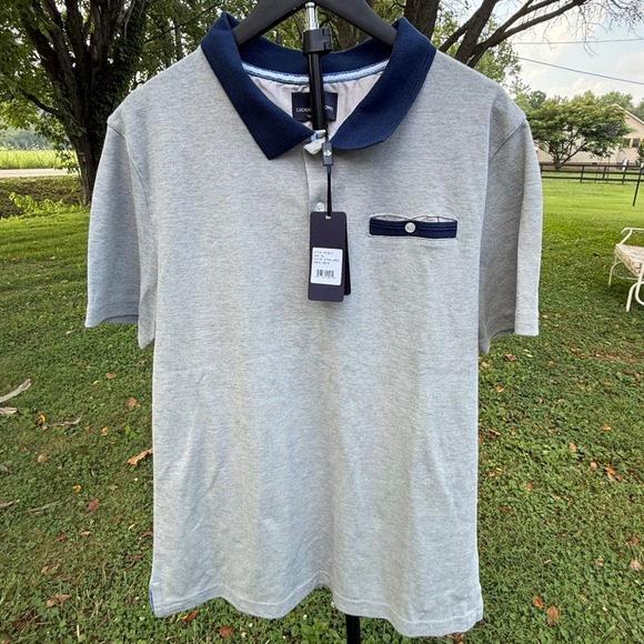 Luchiano Visconti Other - Luchiano Visconti Mens Steal Grey Polo‎ Shirt Navy Collar FP-5017 XL NWT Preppy